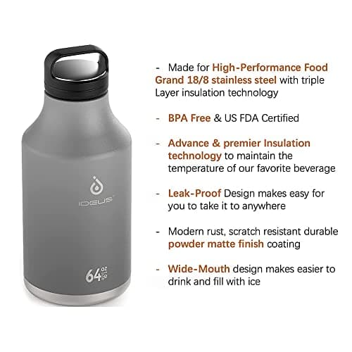 Ideus Insulated Stainless Steel Water Bottle, 64oz Gray for Hiking and Biking