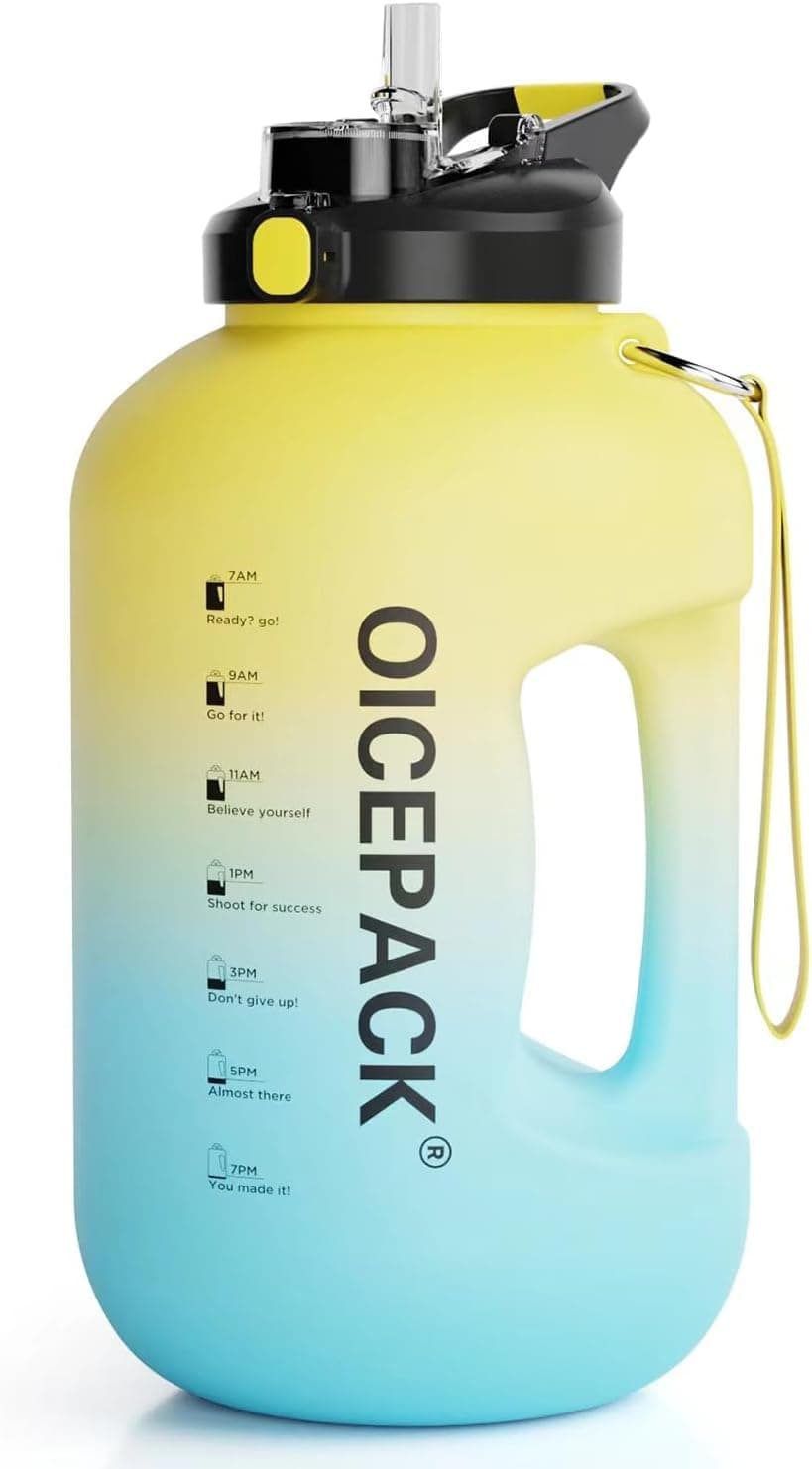 128oz BPA Free Water Bottle with Straw & Time Marker (Yellow/Blue)