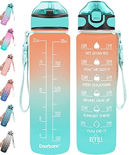 Enerbone 32 oz Motivational Drinking Water Bottle with Straw & Timer, Fitness Gym Outdoor — Orange-Green