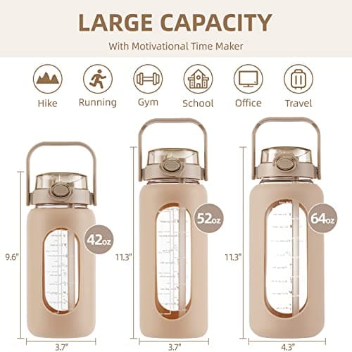 Sierozur 64oz Glass Water Bottle with Straw Lid & Handle Motivational Sleeve Workout Jug