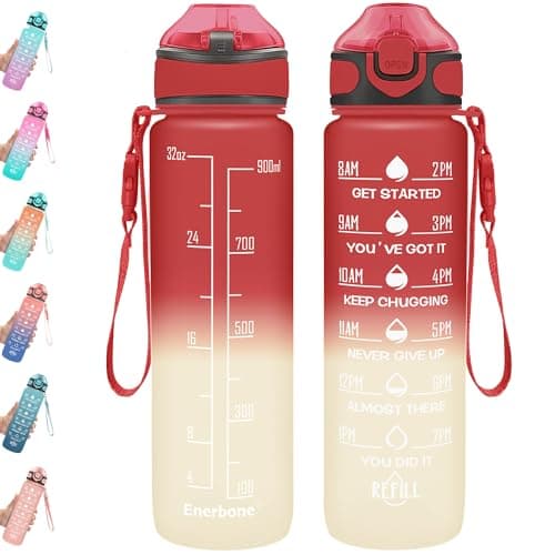 Enerbone 32 oz Motivational Drinking Water Bottle with Straw & Timer, Fitness Gym Outdoor — Cherry Cream