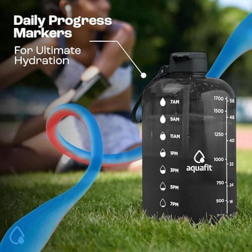 AQUAFIT 2 Pack - 2 x 64 oz BPA Free Water Bottles with Handle & Time Marker