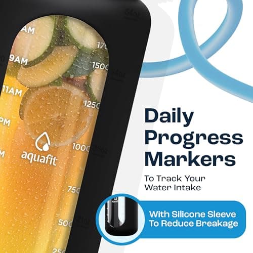 64 oz AQUAFIT Glass Water Bottle with Time Marker - Leakproof - Green