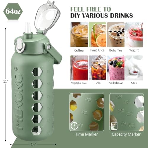 MUKOKO 64oz Glass Water Bottle with Straws & Silicone Sleeve