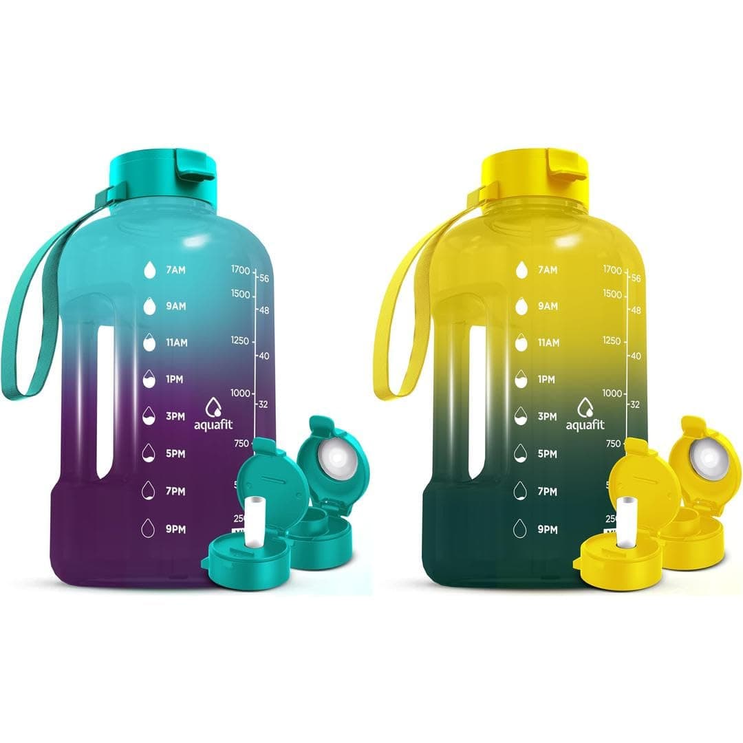AQUAFIT 2 Pack - 2 x 64 oz BPA Free Water Bottles with Handle & Time Marker