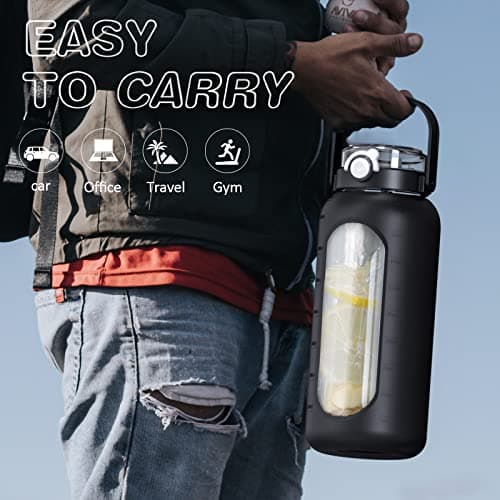 BLUEGO 64oz Glass Water Bottle with Straw & Time Marker, Black