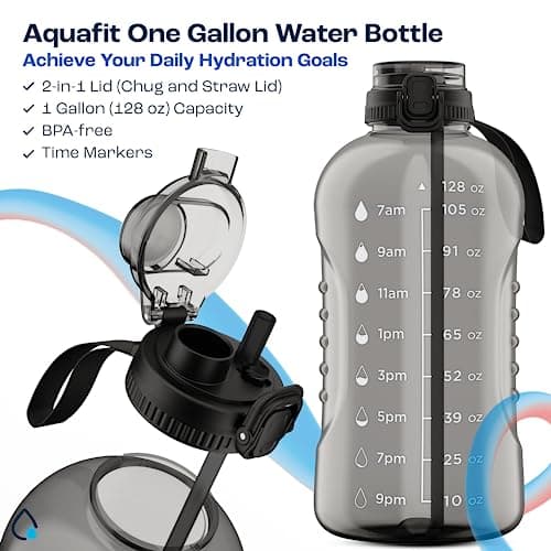 AQUAFIT 128 oz Nebula Water Bottle for Gym with Straw & Chug Lid - BPA Free Timer Marked Anatomical Big Jug with Strap