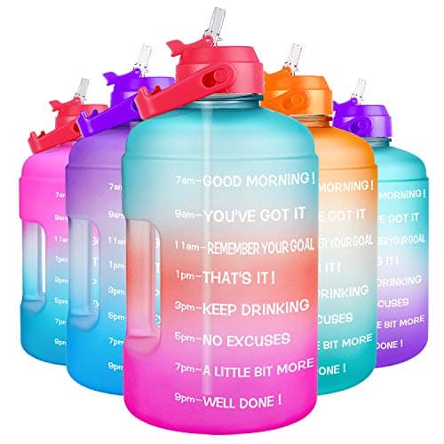 QuiFit Leak-Proof BPA Free 1 Gallon Water Bottle for Gym Sports Outdoor with Straw & Motivational Time Marker 128OZ CapacityReusable — QFA5 Green/Pink Gradient