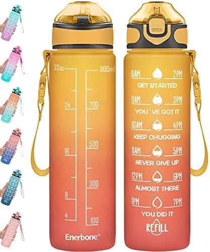 Enerbone 32 oz Motivational Drinking Water Bottle with Straw & Timer, Fitness Gym Outdoor — Yellow Red