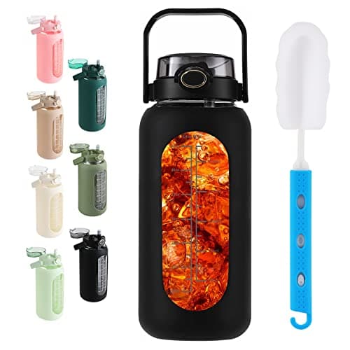 Sierozur 64oz Glass Water Bottle with Straw Lid & Handle Motivational Sleeve Workout Jug — Black