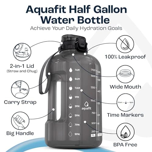 AQUAFIT Half Gallon Water Bottle With Time Marker - Straw & Chug Lid - Big Water Bottle With Straw - BPA Free Gym Water Bottle With Handle - Half Gallon Water Jug (64 oz - 2in1 Lid, Black) -> AQUAFIT Half Gallon Water Bottle with Time Marker and Hand