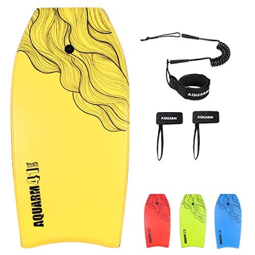 XPE Bodyboard 33/36/41-inch with Wrist Leash & Fin Tethers, Lightweight & Ideal for All Ages — Yellow
