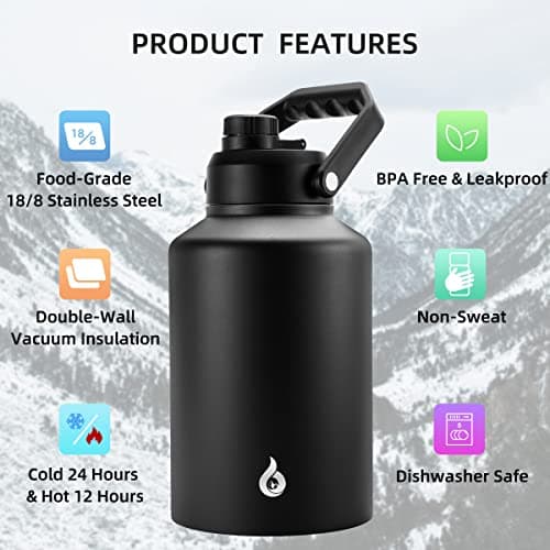 BJPKPK One Gallon Insulated Water Bottle, Stainless Steel Thermos, BPA Free, Ergonomic Handle, Anti-Slip Bottom, Black