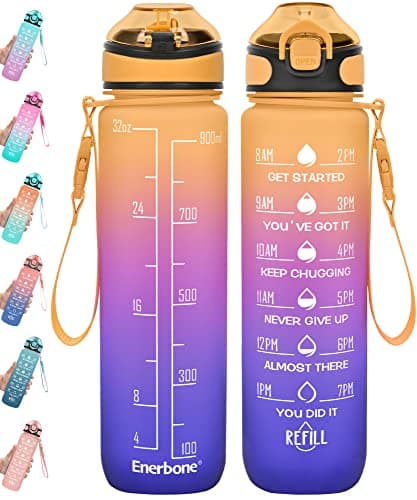 Enerbone 32 oz Motivational Drinking Water Bottle with Straw & Timer, Fitness Gym Outdoor — Orange Blue