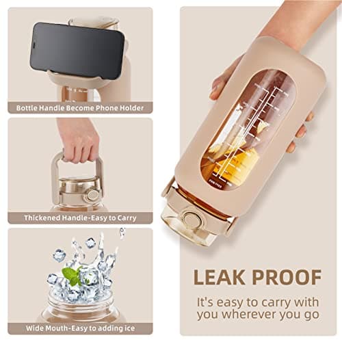 Sierozur 64oz Glass Water Bottle with Straw Lid & Handle Motivational Sleeve Workout Jug