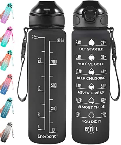 Enerbone 32 oz Motivational Drinking Water Bottle with Straw & Timer, Fitness Gym Outdoor — Black Matte