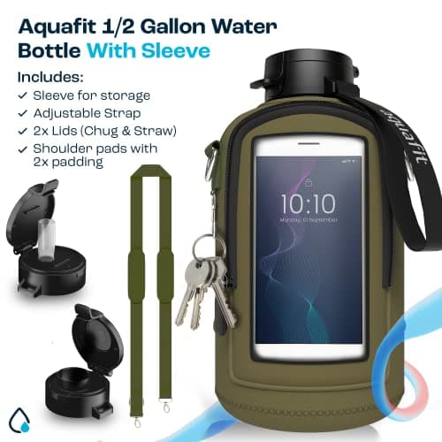 64 oz Water Bottle with Time Marker and Carrying Sleeve - BPA Free Gym Bottle for Exercise (Olive)