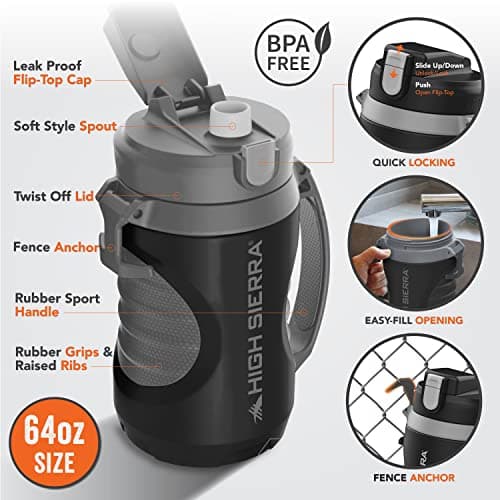 High Sierra BPA Free 64 OZ Insulated Water Jug, Silicone Spout, Keeps Cold for Hours, Black