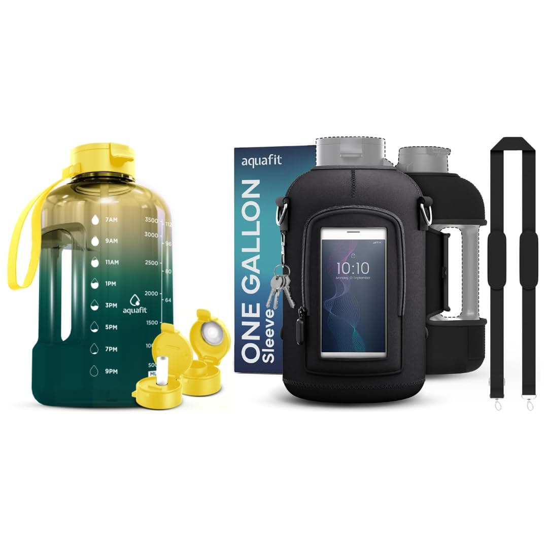 AQUAFIT 2 Pack - 1 Gallon Water Bottle With Time Marker and Neoprene Sleeve