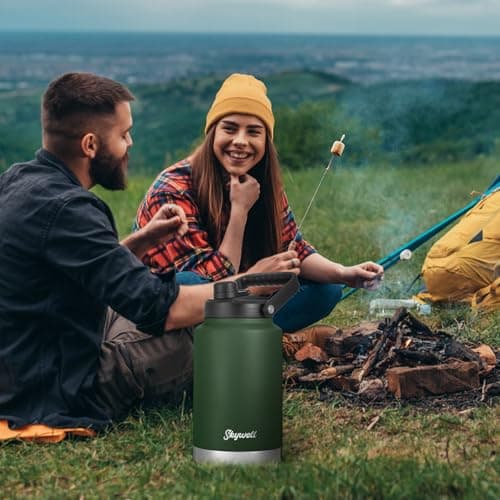 SkyWell 1 Gallon Insulated Stainless Steel Water Jug, Sweat-Proof & Leak-Proof, Wide Mouth, Olive