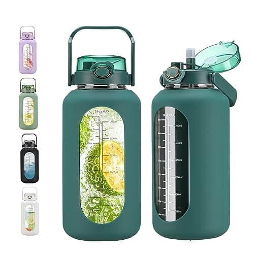 Large Motivational Water Bottle with Time Marker and Silicone Sleeve 2.2L Gym Workout — Dark Green