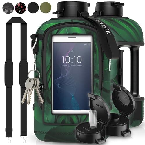 64 oz Water Bottle with Time Marker and Carrying Sleeve - BPA Free Gym Bottle for Exercise (Olive) — Monstera