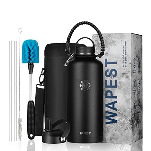 Black & Grey 128 oz Double Wall Stainless Steel Water Bottle with Paracord Handle & Brush, Carrying Pouch & 2 Lids - Gre — Black