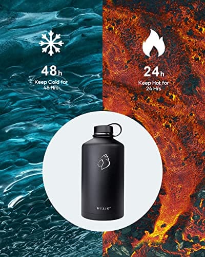 Buzio 1 Gallon Stainless Steel Water Jug, Black Keep Cold 48H & Hot 24H