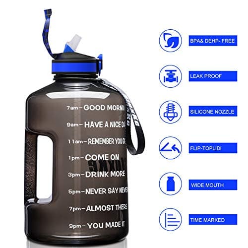 1 Gallon BPA Free Sports Water Bottle with Time Marker, Fitness Enthusiasts, Outdoor Activities, Leak Proof, 128oz, Black, Plastic