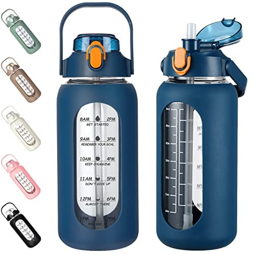 Motivational 64oz Glass Water Bottle with Straw, Silicone Sleeve & Time Marker, Leakproof White Jug for Gym, Home, Offic — Blue