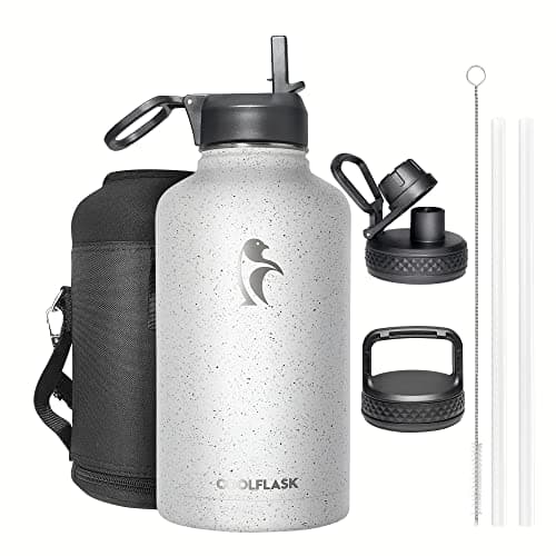 Coolflask Insulated Water Bottle, 64 oz Wide Mouth, Straw & 3 Lids, Keeps Cold 48H, Hot 24H, Samurai Cyan — Arctic White