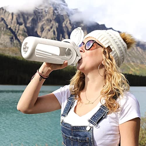 BLUEGO 64oz Large Glass Water Bottle with Straw & Time Marker, White