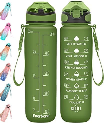 Enerbone 32 oz Motivational Drinking Water Bottle with Straw & Timer, Fitness Gym Outdoor — Hunter Green