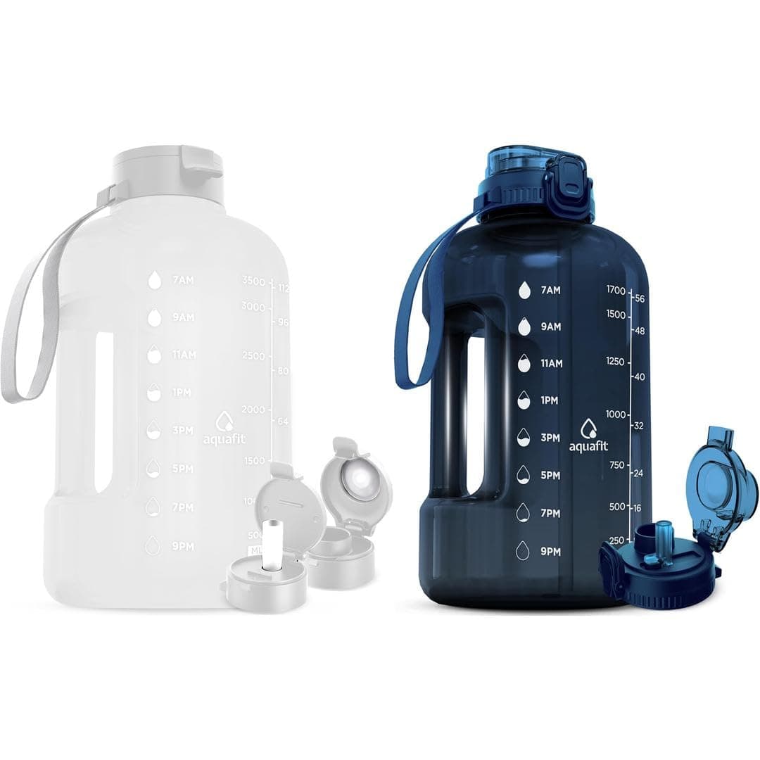 AQUAFIT 2 Pack - 1 Gallon and 64 oz Water Bottles with Time Markers and Straw