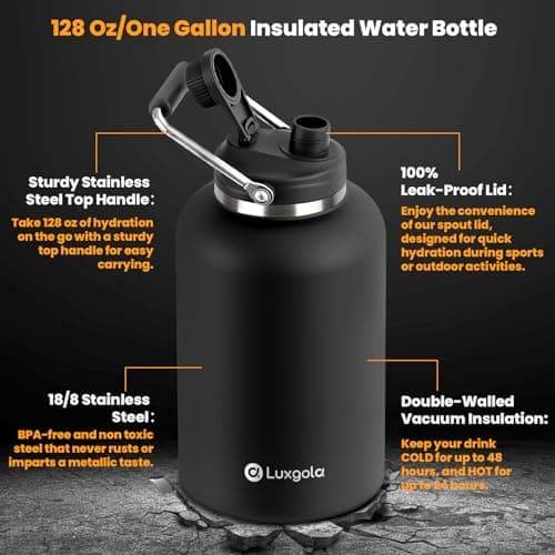 128 oz Insulated Stainless Steel Water Bottle - Sweat Proof, Great for Travel, Hiking & Camping - Black