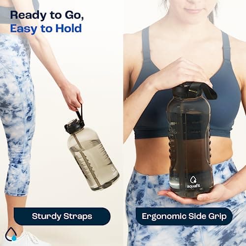 AQUAFIT 128 oz Nebula Water Bottle for Gym with Straw & Chug Lid - BPA Free Timer Marked Anatomical Big Jug with Strap