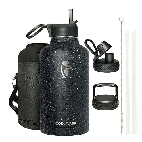 Coolflask Insulated Water Bottle, 64 oz Wide Mouth, Straw & 3 Lids, Keeps Cold 48H, Hot 24H, Samurai Cyan — Starry Night