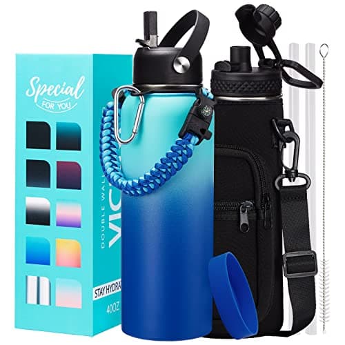 Thermo Mug Water Bottle with Straw & Auto Spout, Paracord Handle & Strap Carrier — Ocean Blue