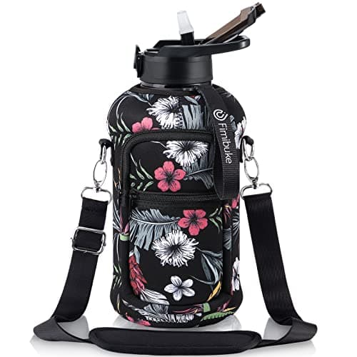Fimibuke Half Gallon Leakproof Water Bottle with Handle & Straw — C1.White Hibiscus