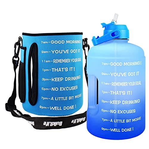 1 Gallon Water Bottle with Straw and Time Marker - Leak-Proof BPA Free Reusable Large Capacity Water Jug — QFC6 Blue/Blue Gradient with Sleeve