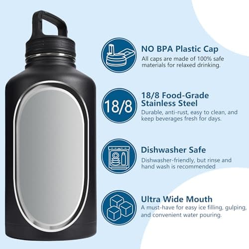 Large Insulated Water Jug, 64 oz Stainless Steel Straw Bottled for Gym and Camping, Black