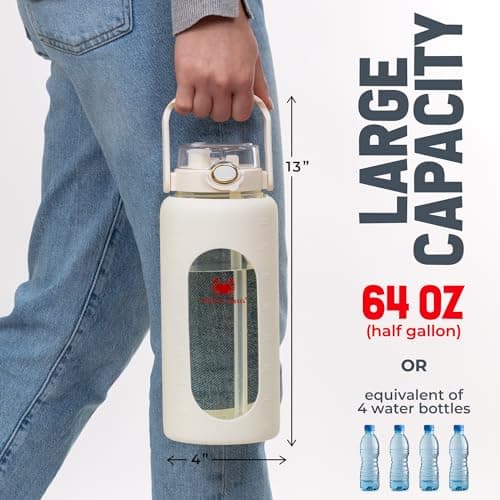 Leakproof Glass 64 oz Water Bottle with Straw - Pregnancy Hydration Tracker