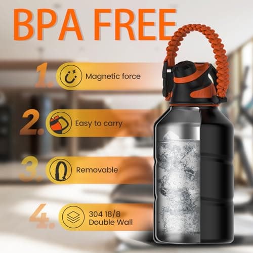 Stainless Steel Insulated Half Gallon Water Bottle, 64oz Magnetic Lid, Insulated Jug with Paracord Handle