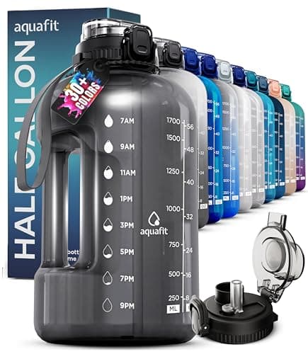 64 oz Gray Water Bottle with Time Marker - BPA Free Big Bottle with Straw - Gym Bottle with Handle - Gallon Water Jug (64 Ounces)