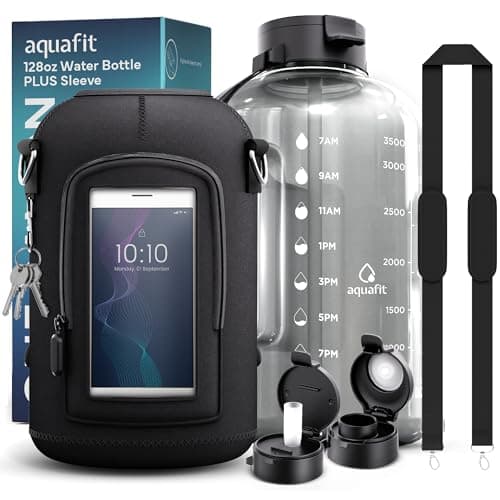 1 Gallon Water Bottle with Time Marker and Neoprene Sleeve - AQUAFIT 2 Pack