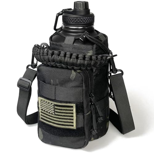 Half Gallon Insulated Water Bottle with Sleeve for Men's Sports Hiking — Black Bottle with Black Camo Sleeve