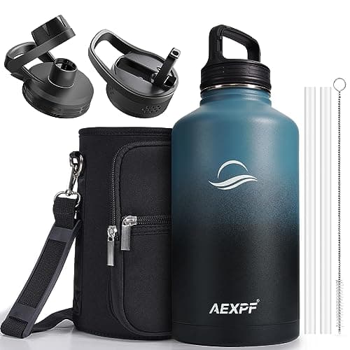 Large Insulated Water Jug, 64 oz Stainless Steel Straw Bottled for Gym and Camping, Black — Indigo Black Gradient