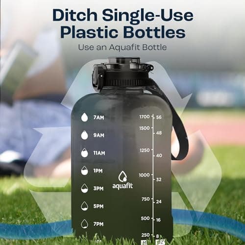 AQUAFIT Half Gallon Water Bottle With Time Marker - Straw & Chug Lid - Big Water Bottle With Straw - BPA Free Gym Water Bottle With Handle - Half Gallon Water Jug (64 oz - 2in1 Lid, Black) -> AQUAFIT Half Gallon Water Bottle with Time Marker and Hand