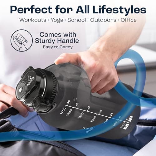 AQUAFIT Half Gallon Water Bottle With Time Marker - Straw & Chug Lid - Big Water Bottle With Straw - BPA Free Gym Water Bottle With Handle - Half Gallon Water Jug (64 oz - 2in1 Lid, Black) -> AQUAFIT Half Gallon Water Bottle with Time Marker and Hand