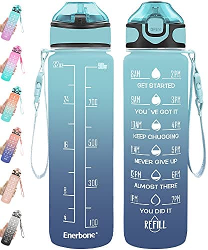 Enerbone 32 oz Motivational Drinking Water Bottle with Straw & Timer, Fitness Gym Outdoor — Green-Blue